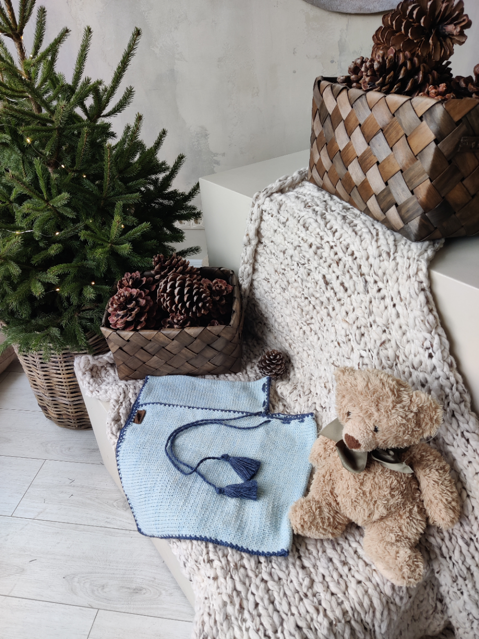 Kid knit wool handmade sweater poncho - light blue VERY SOFT