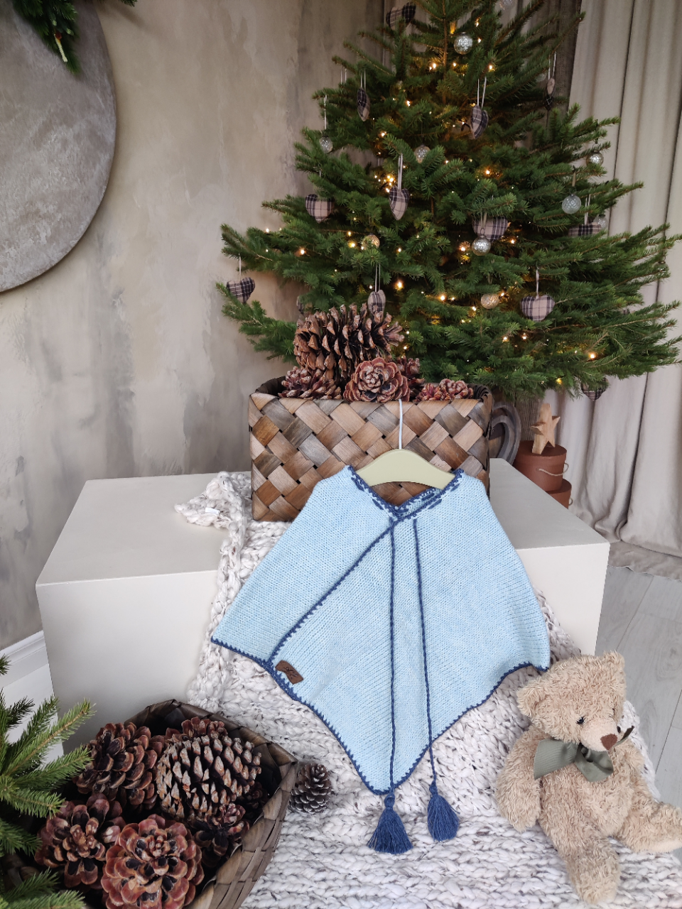 Kid knit wool handmade sweater poncho - light blue VERY SOFT