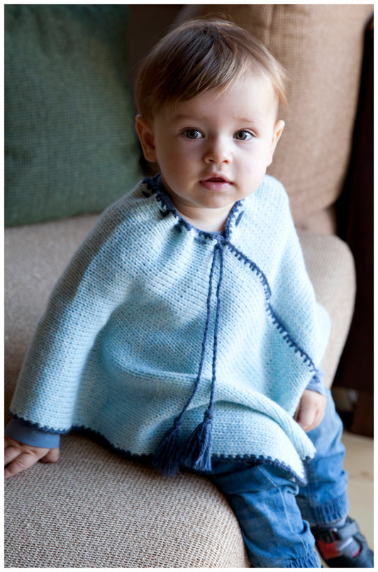 Kid knit wool handmade sweater poncho - light blue VERY SOFT