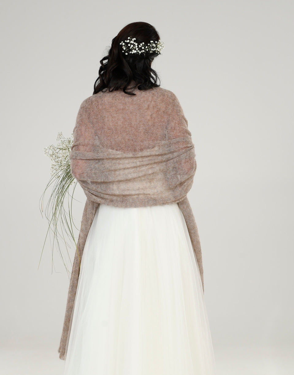 Wedding bridal cape wrap shrug shawl knit from kid mohair - cocoa