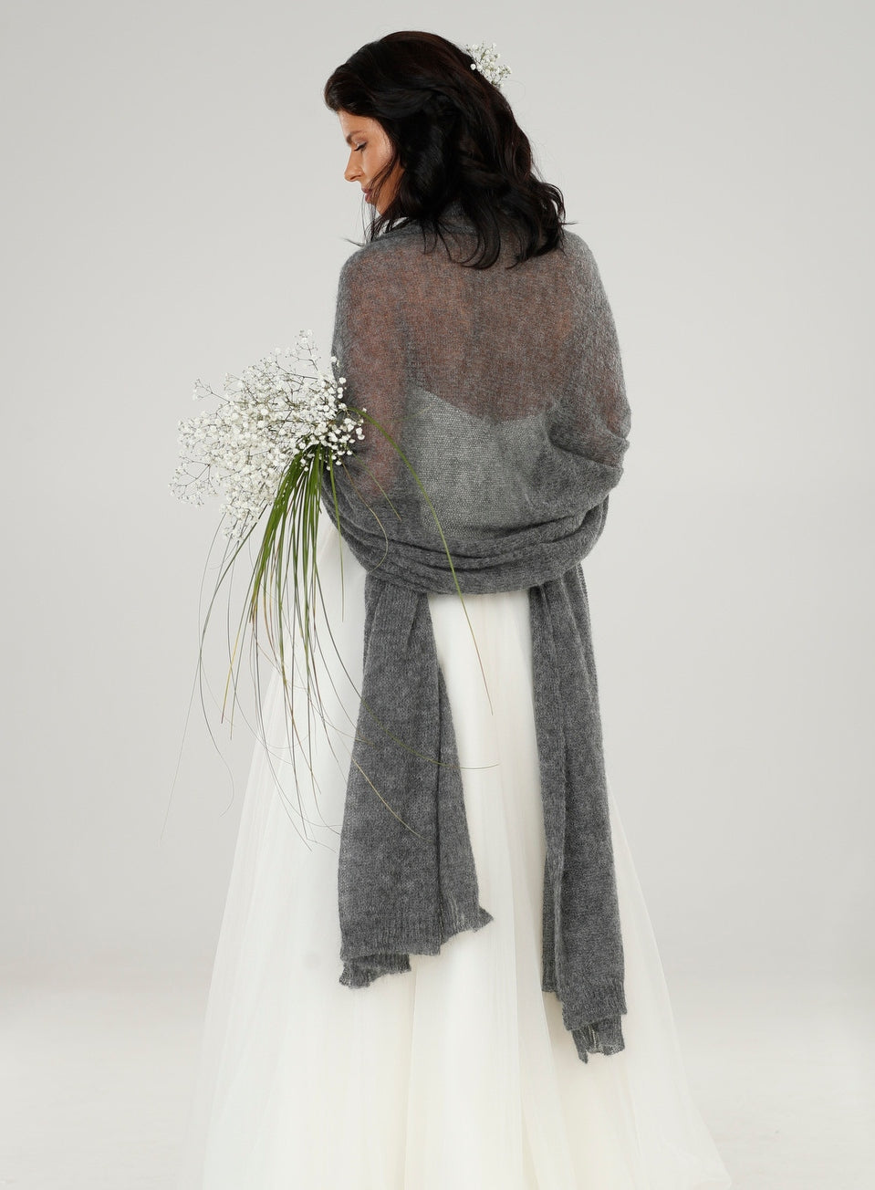 Wedding bridal cape wrap shrug shawl knit from kid mohair - gray