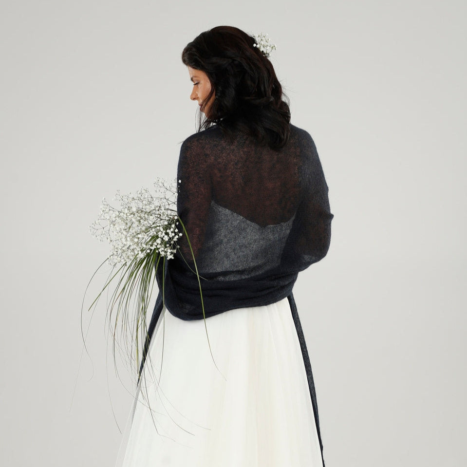 Wedding bridal cape wrap shrug shawl knit from kid mohair - dark blue