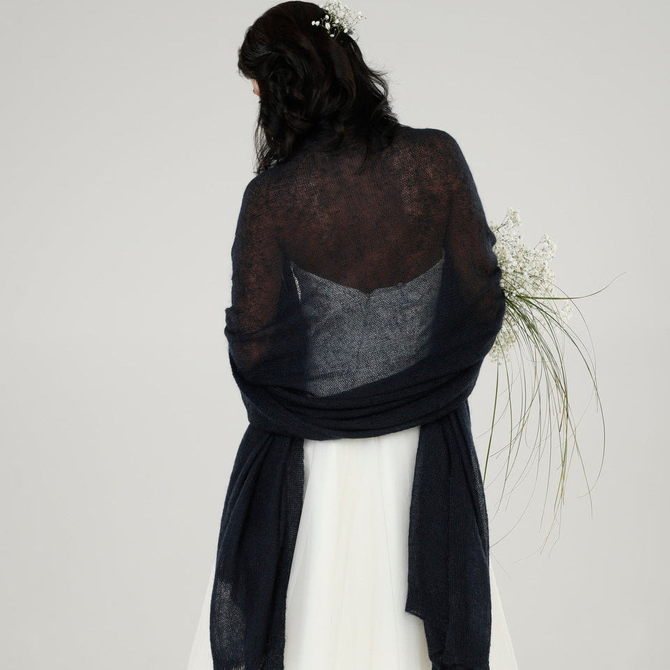 Wedding bridal cape wrap shrug shawl knit from kid mohair - dark blue