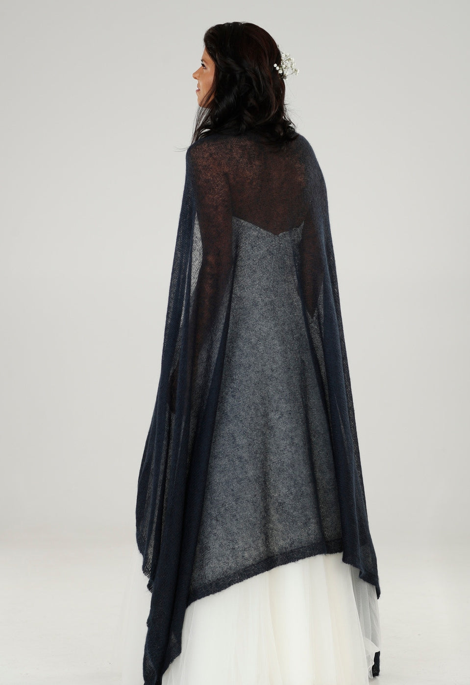 Wedding bridal cape wrap shrug shawl knit from kid mohair - dark blue