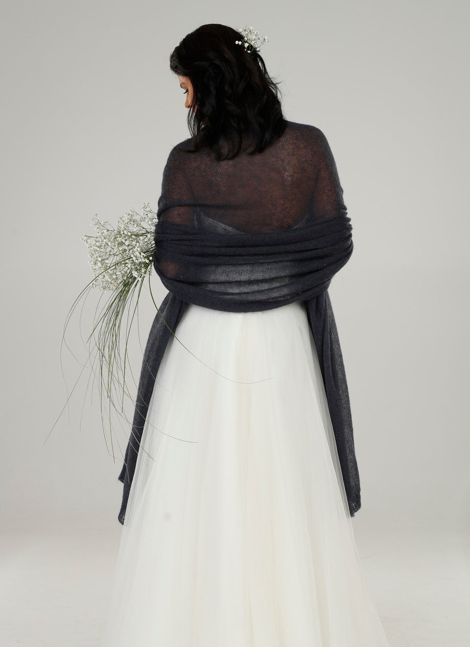 Wedding bridal cape wrap shrug shawl knit from kid mohair - blue with gray shade