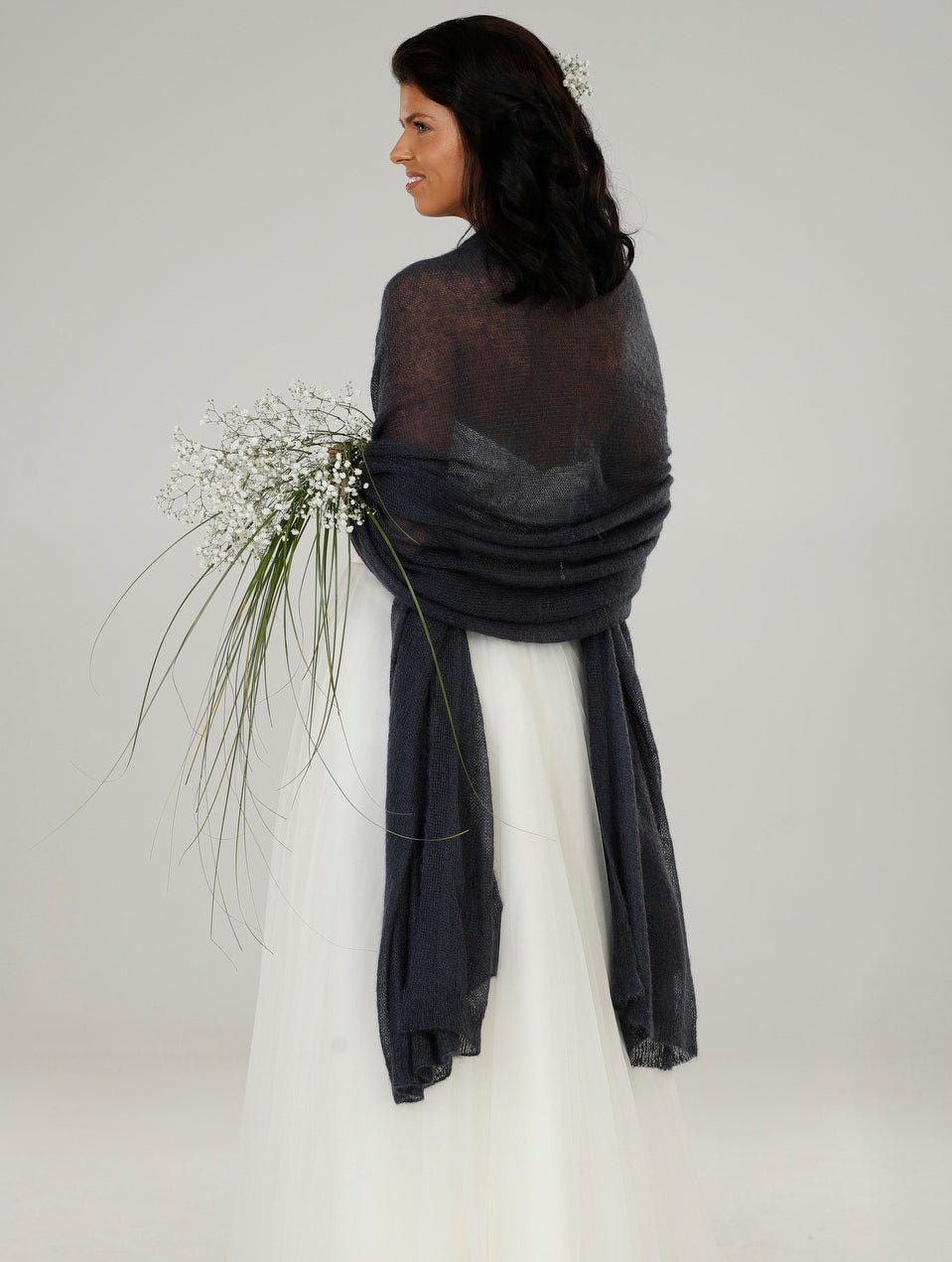 Wedding bridal cape wrap shrug shawl knit from kid mohair - blue with gray shade