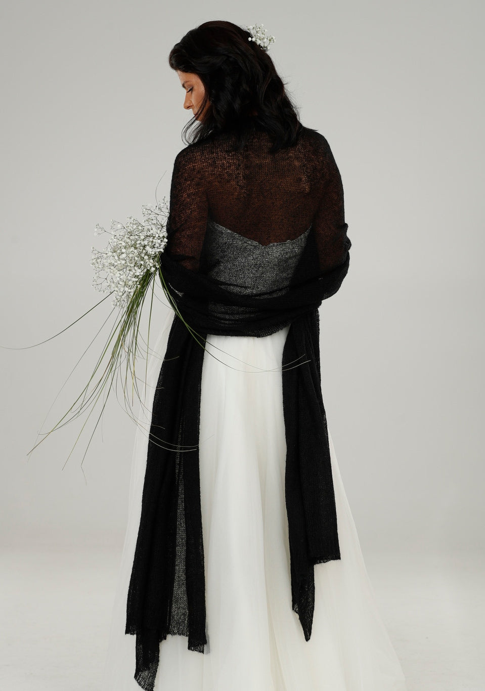 Wedding bridal cape wrap shrug shawl knit from kid mohair - black