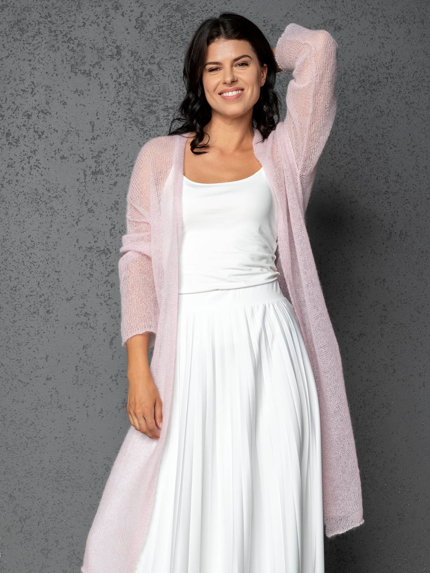 Knit lightweight mohair long cardigan Wind - pink