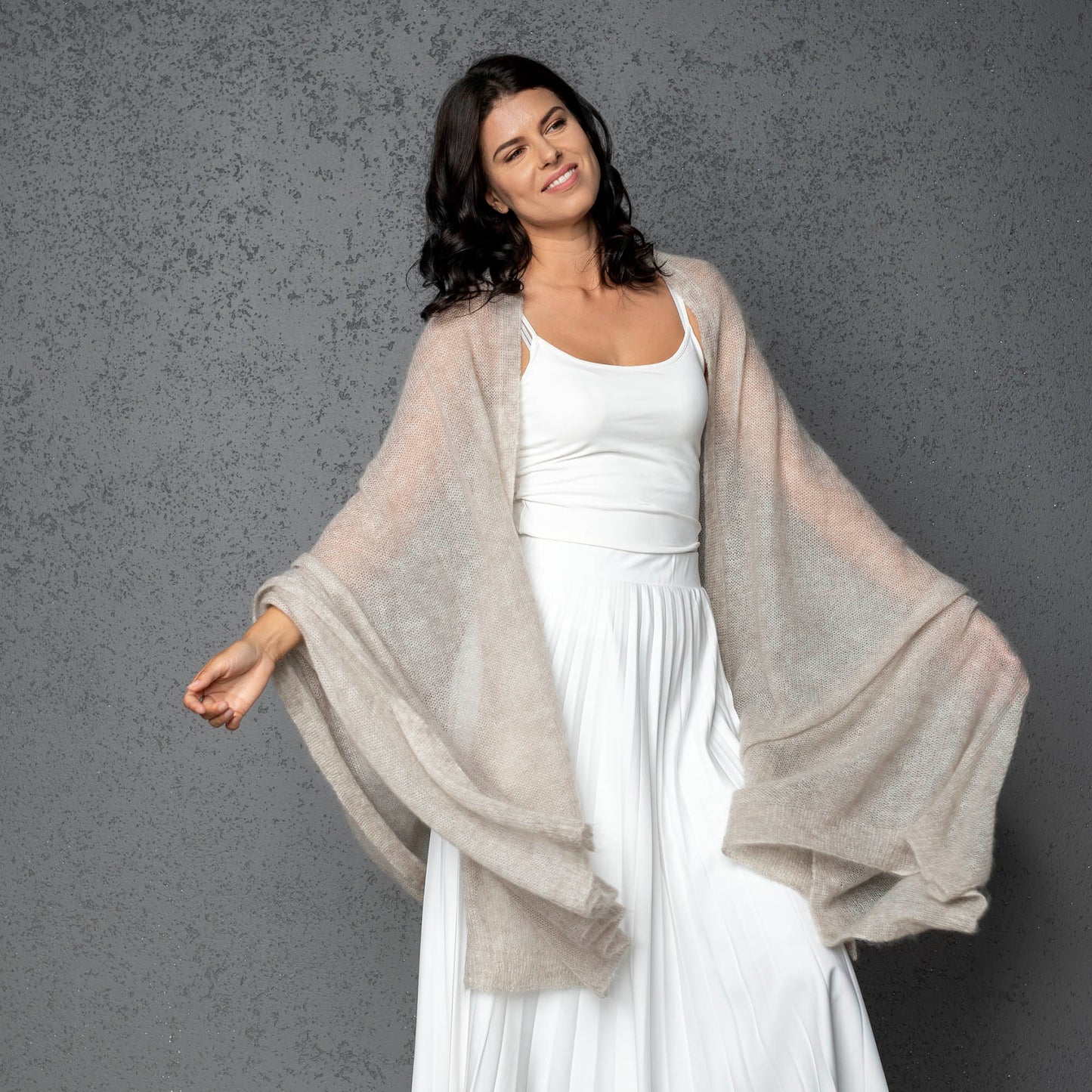 Feast Gala Wedding cape wrap shrug shawl knit from kid mohair - beige