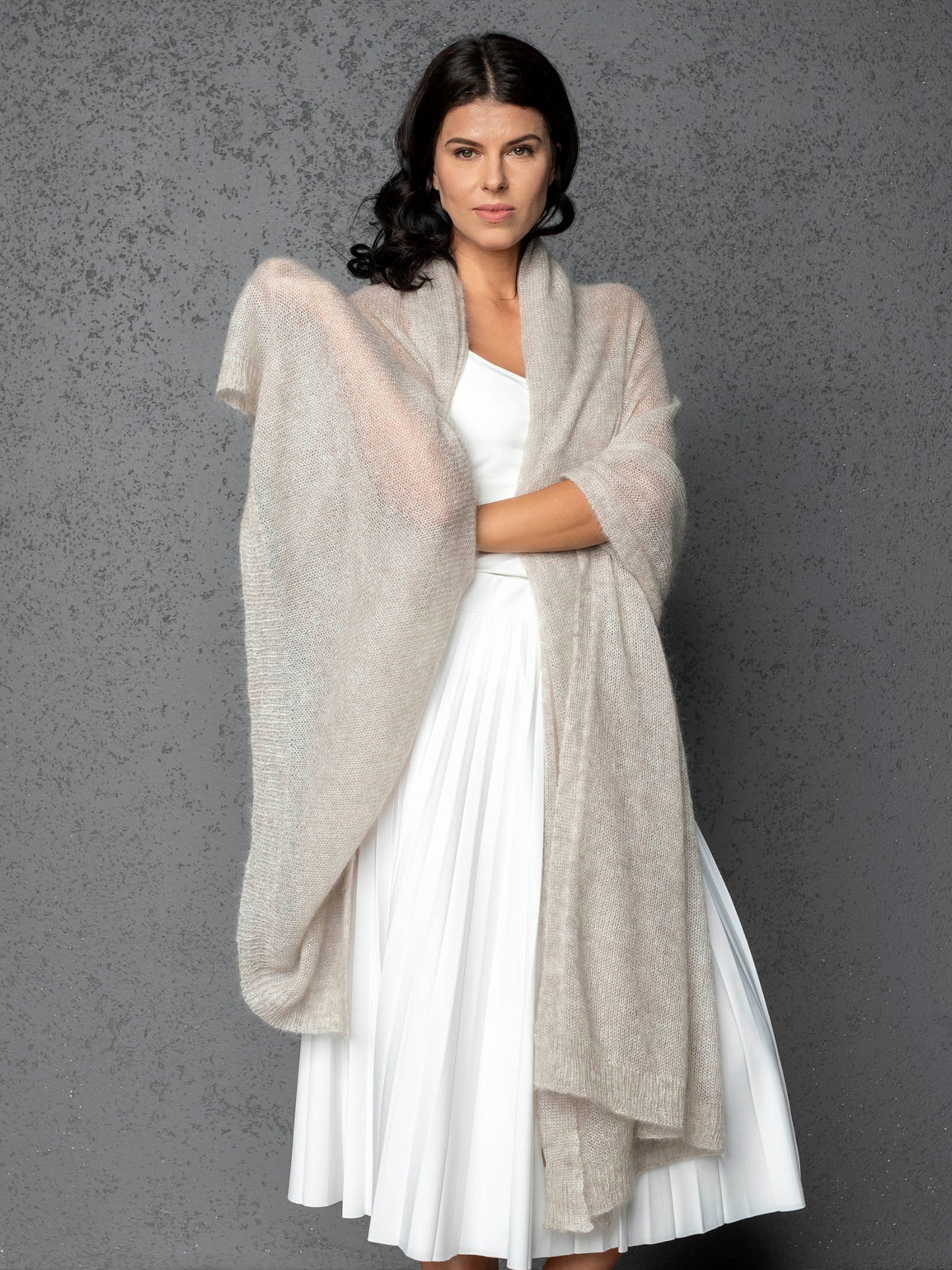 Feast Gala Wedding cape wrap shrug shawl knit from kid mohair - beige