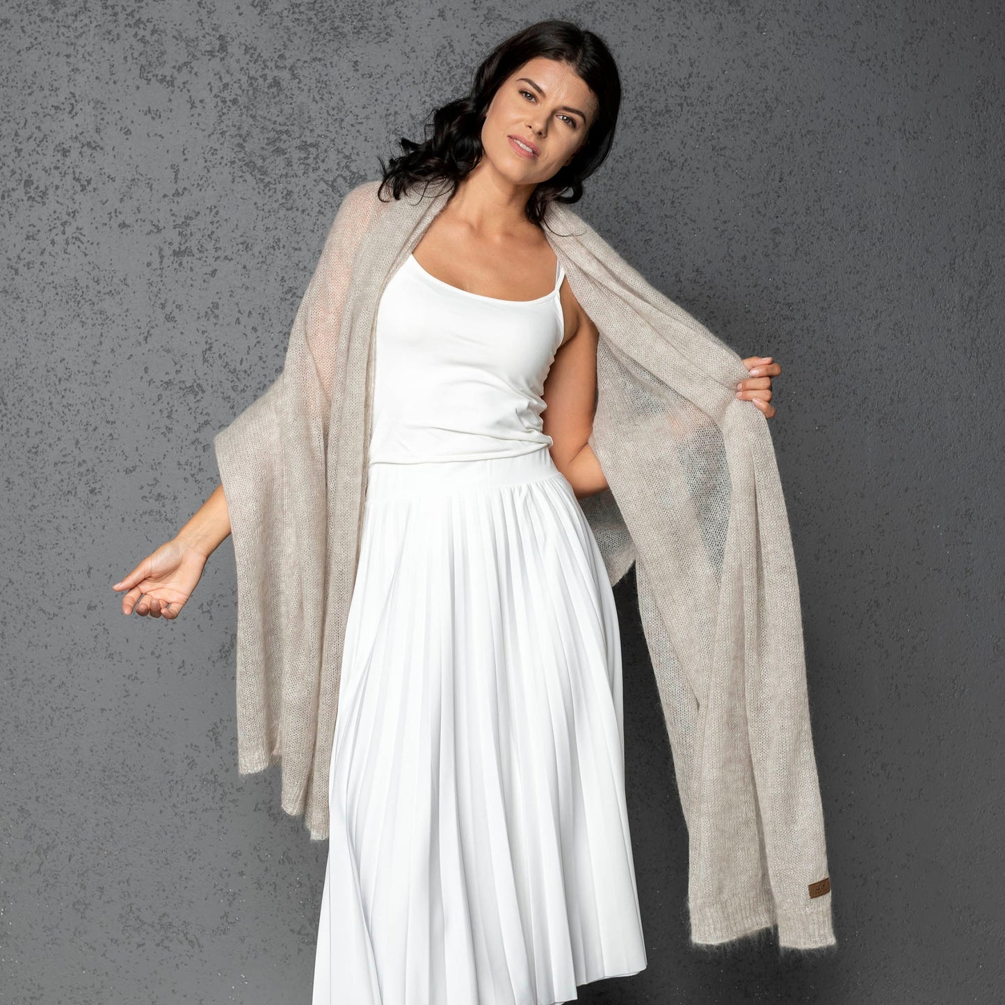Feast Gala Wedding cape wrap shrug shawl knit from kid mohair - beige