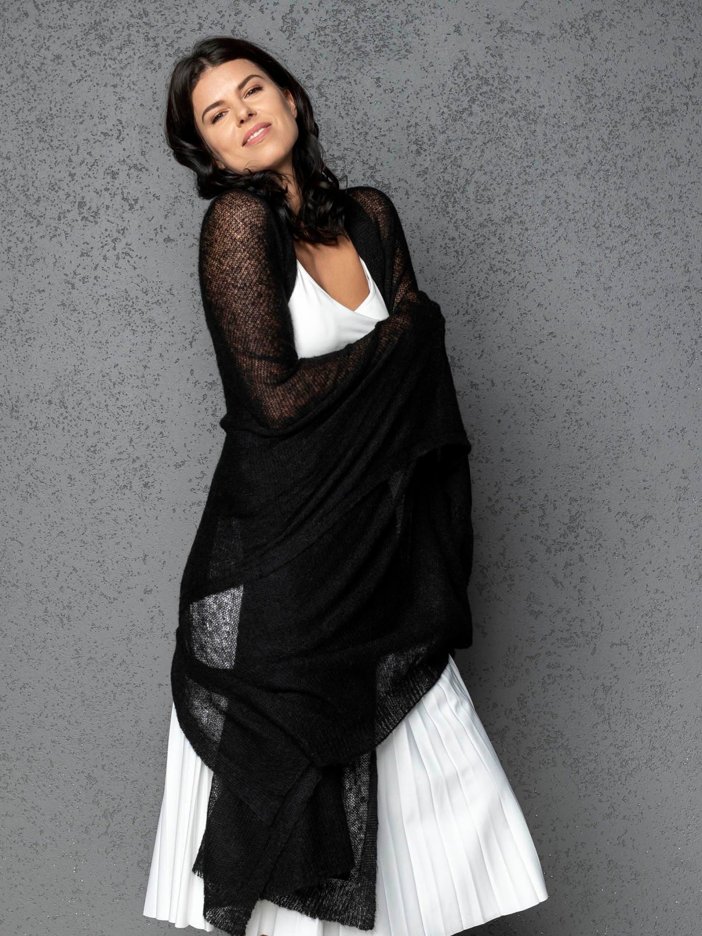 Feast Gala Wedding cape wrap shrug shawl knit from kid mohair - black