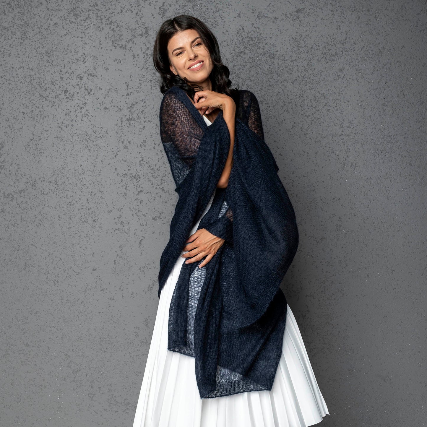 Feast Gala Wedding cape wrap shrug shawl knit from kid mohair - dark blue