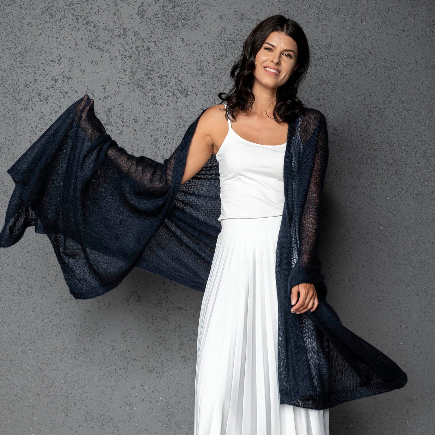 Feast Gala Wedding cape wrap shrug shawl knit from kid mohair - dark blue