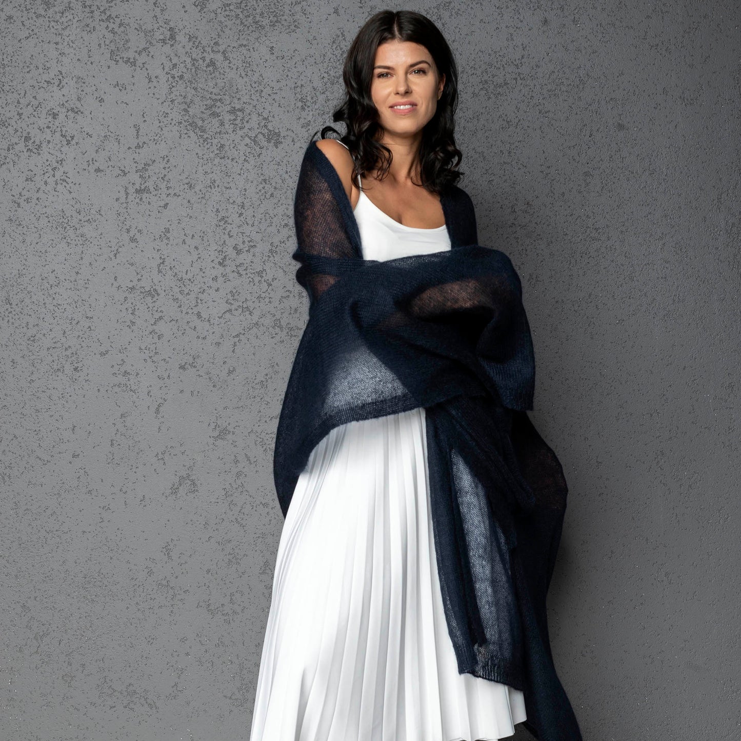 Feast Gala Wedding cape wrap shrug shawl knit from kid mohair - dark blue