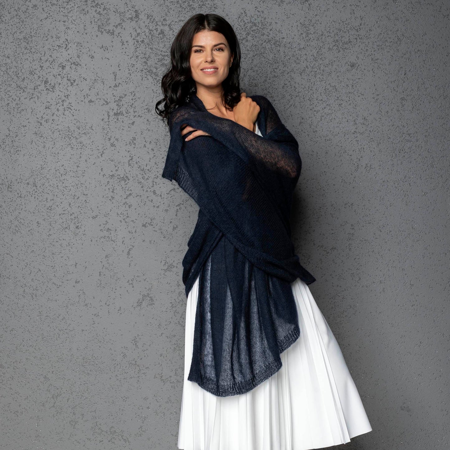 Feast Gala Wedding cape wrap shrug shawl knit from kid mohair - dark blue