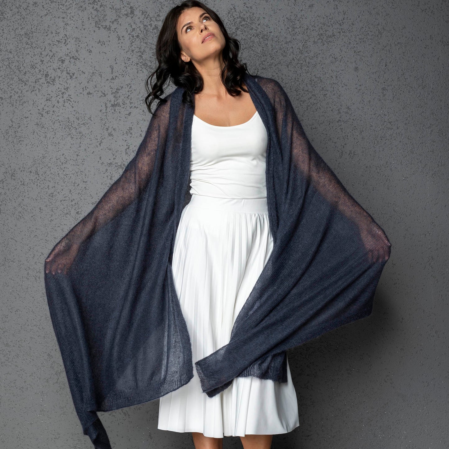 Feast Gala Wedding cape wrap shrug shawl knit from kid mohair - blue with gray shade