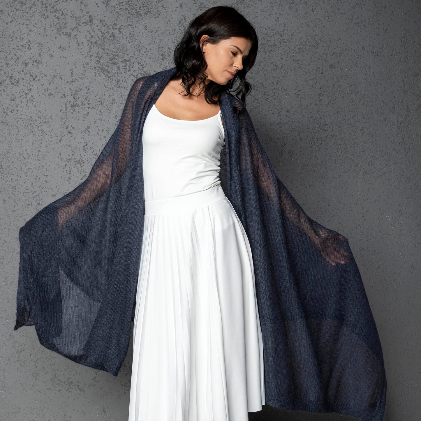 Feast Gala Wedding cape wrap shrug shawl knit from kid mohair - blue with gray shade