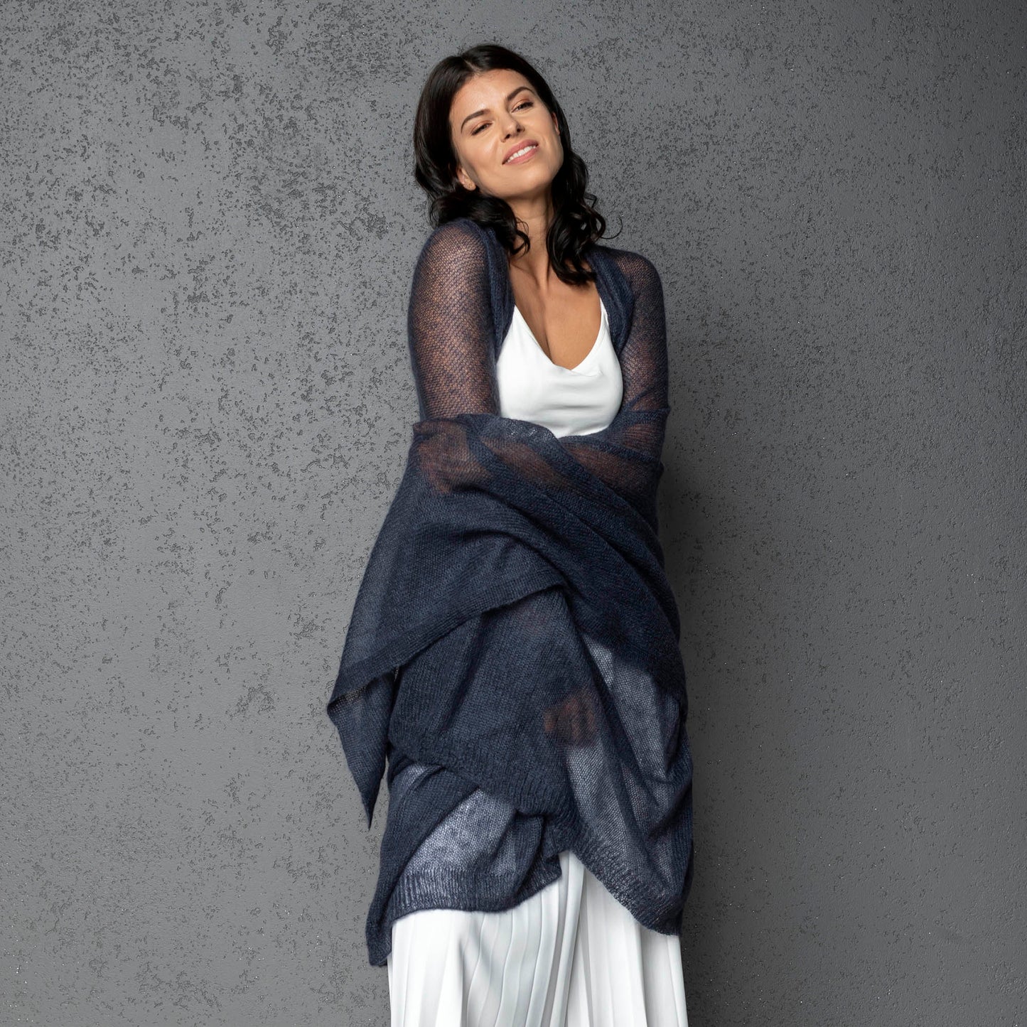 Feast Gala Wedding cape wrap shrug shawl knit from kid mohair - blue with gray shade
