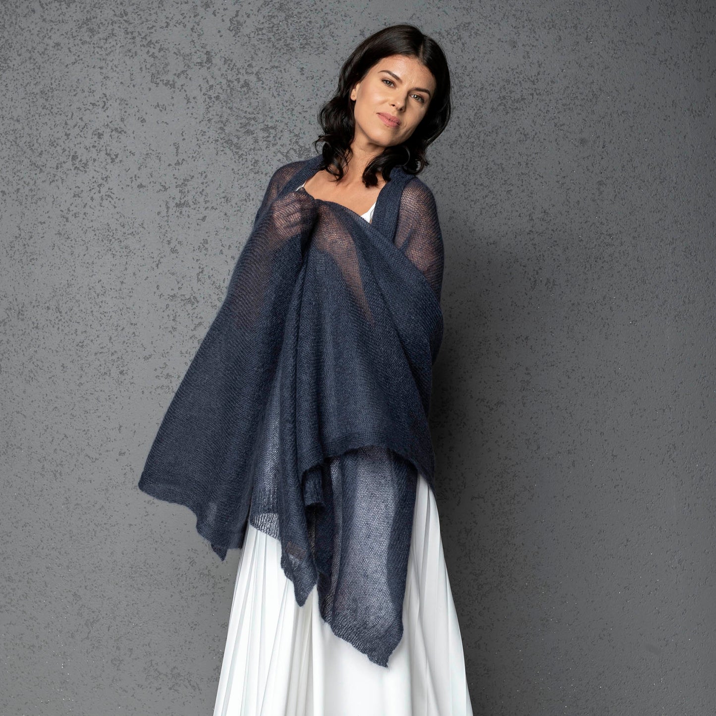 Feast Gala Wedding cape wrap shrug shawl knit from kid mohair - blue with gray shade