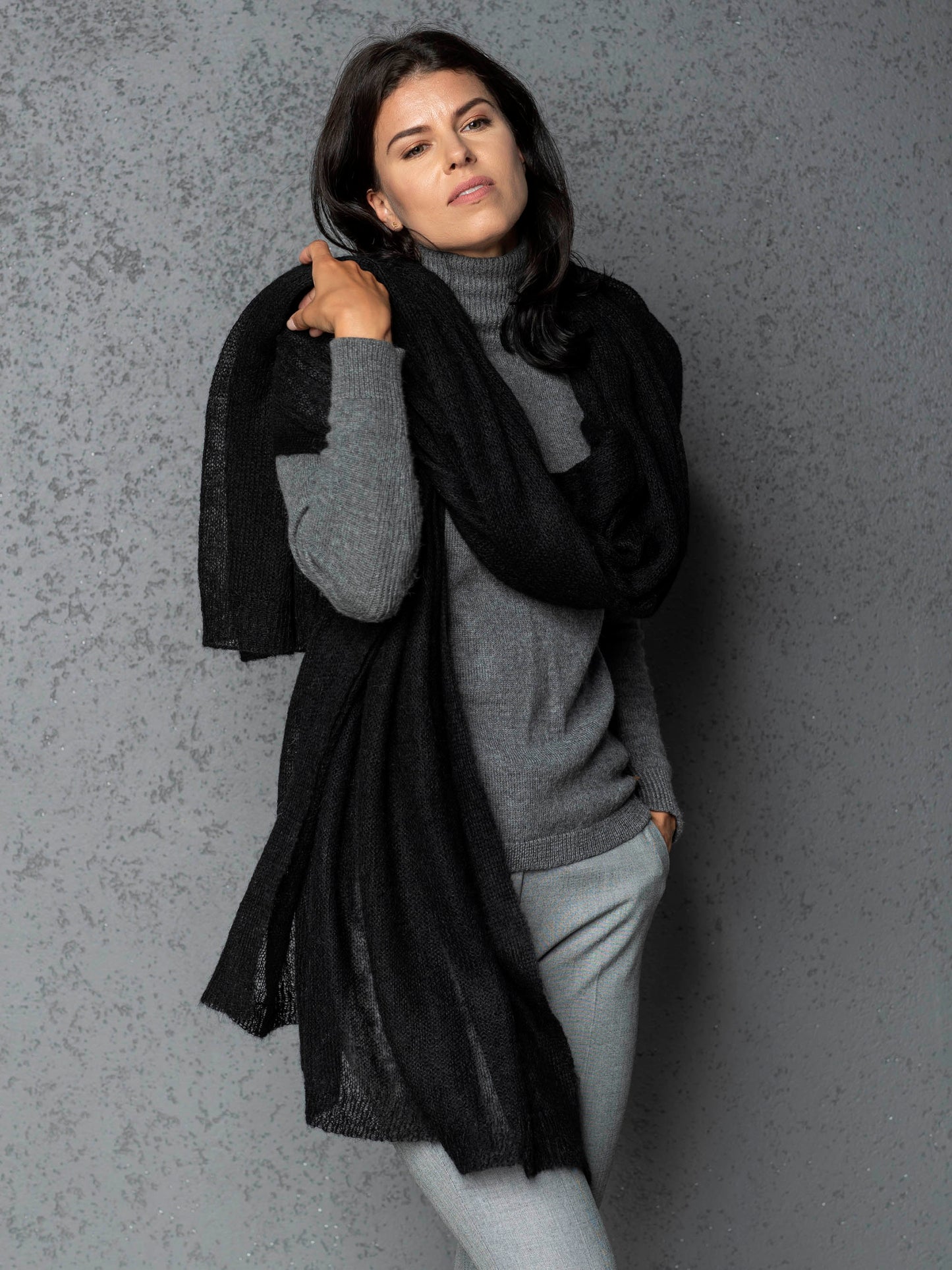 Mohair wool scarf wide and lightweight - Corsica black