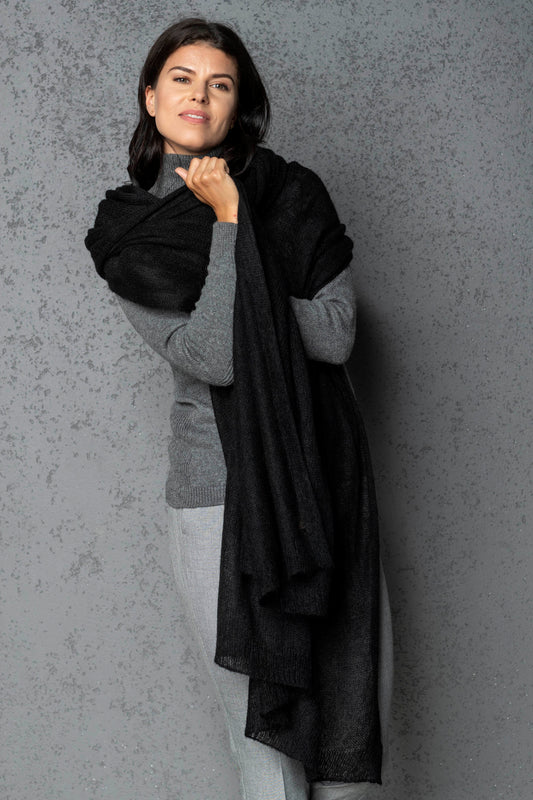 Mohair wool scarf wide and lightweight - Corsica black