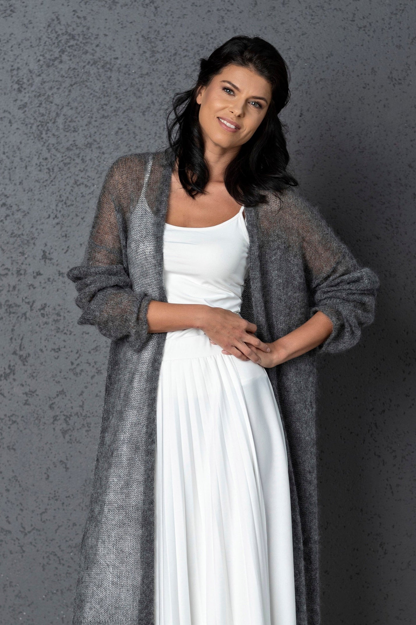 Knit lightweight mohair long cardigan Wind - darker gray