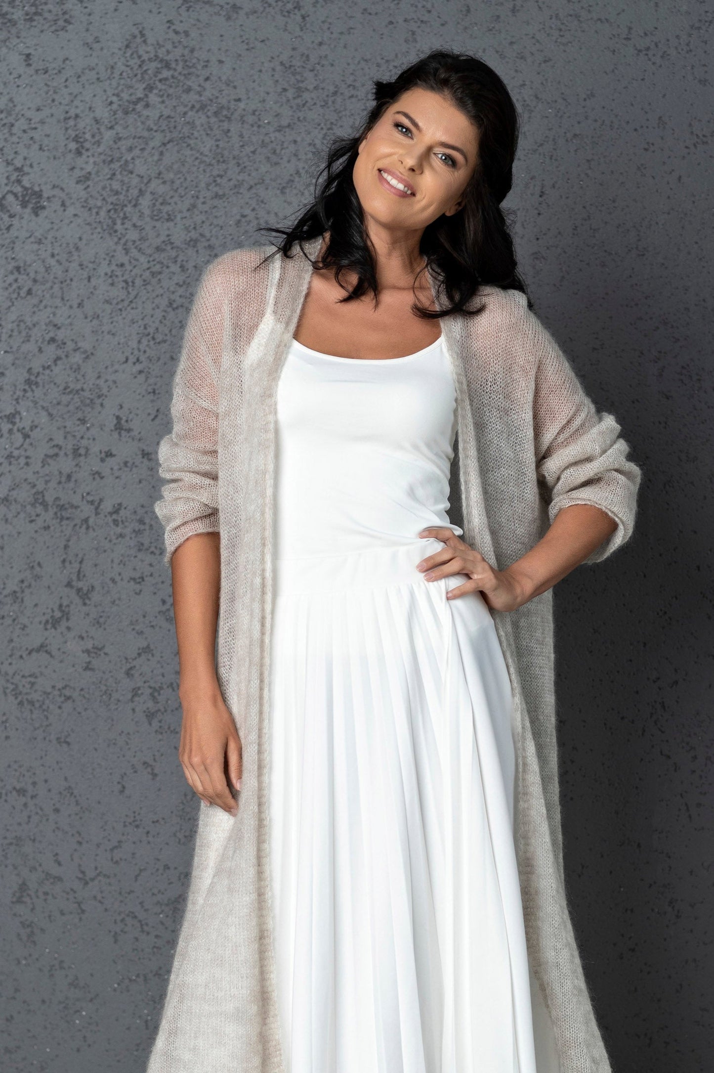 Knit lightweight mohair long cardigan Wind - beige