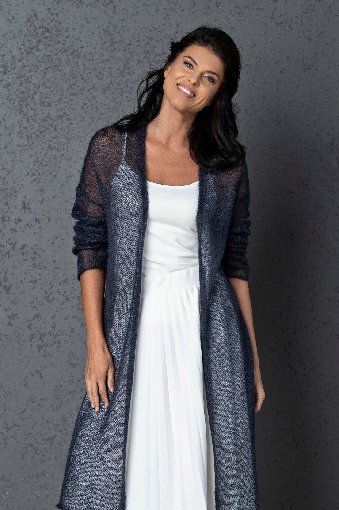 Knit lightweight mohair long cardigan Wind - blue with gray shade