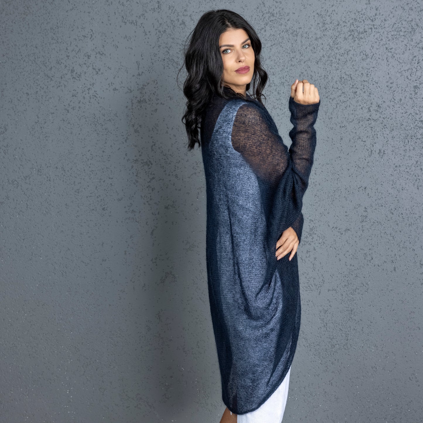 Knit lightweight mohair long cardigan wrap WRAPER - dark blue