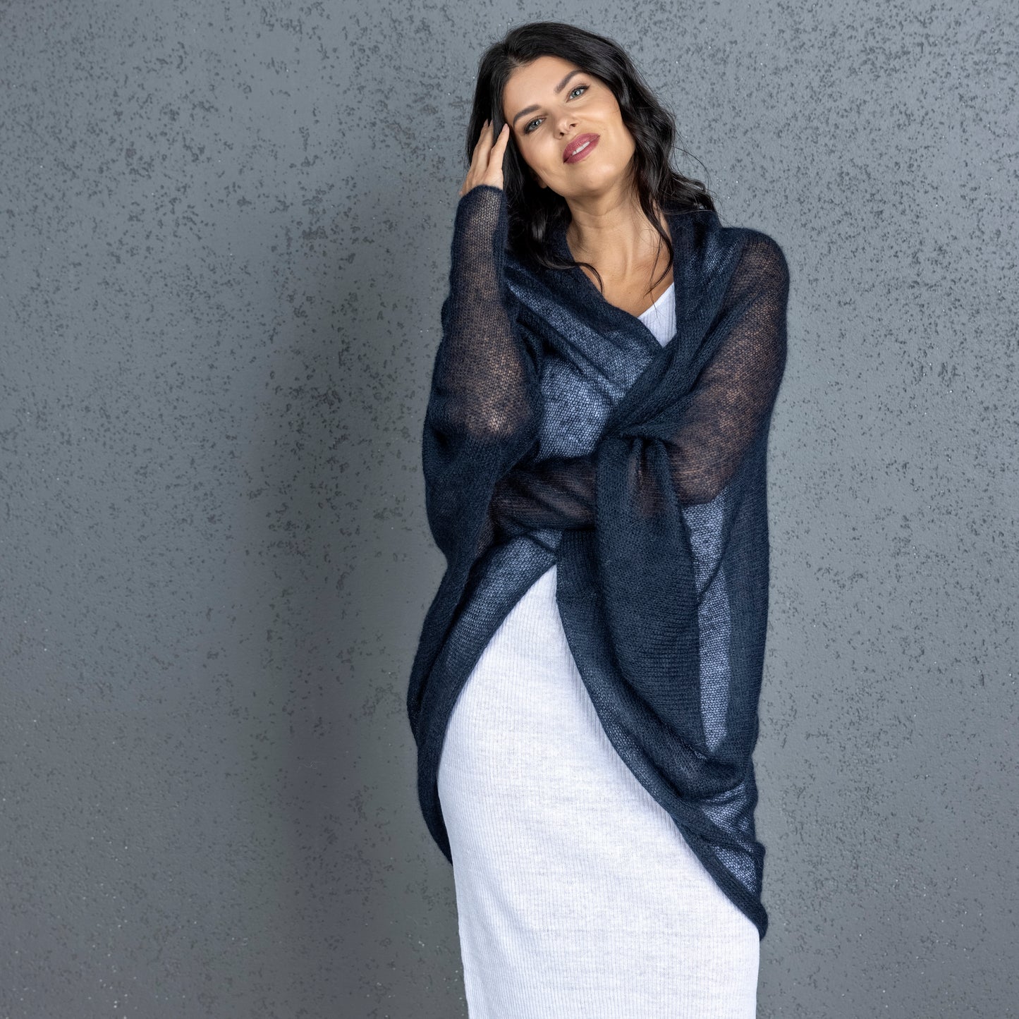 Knit lightweight mohair long cardigan wrap WRAPER - dark blue
