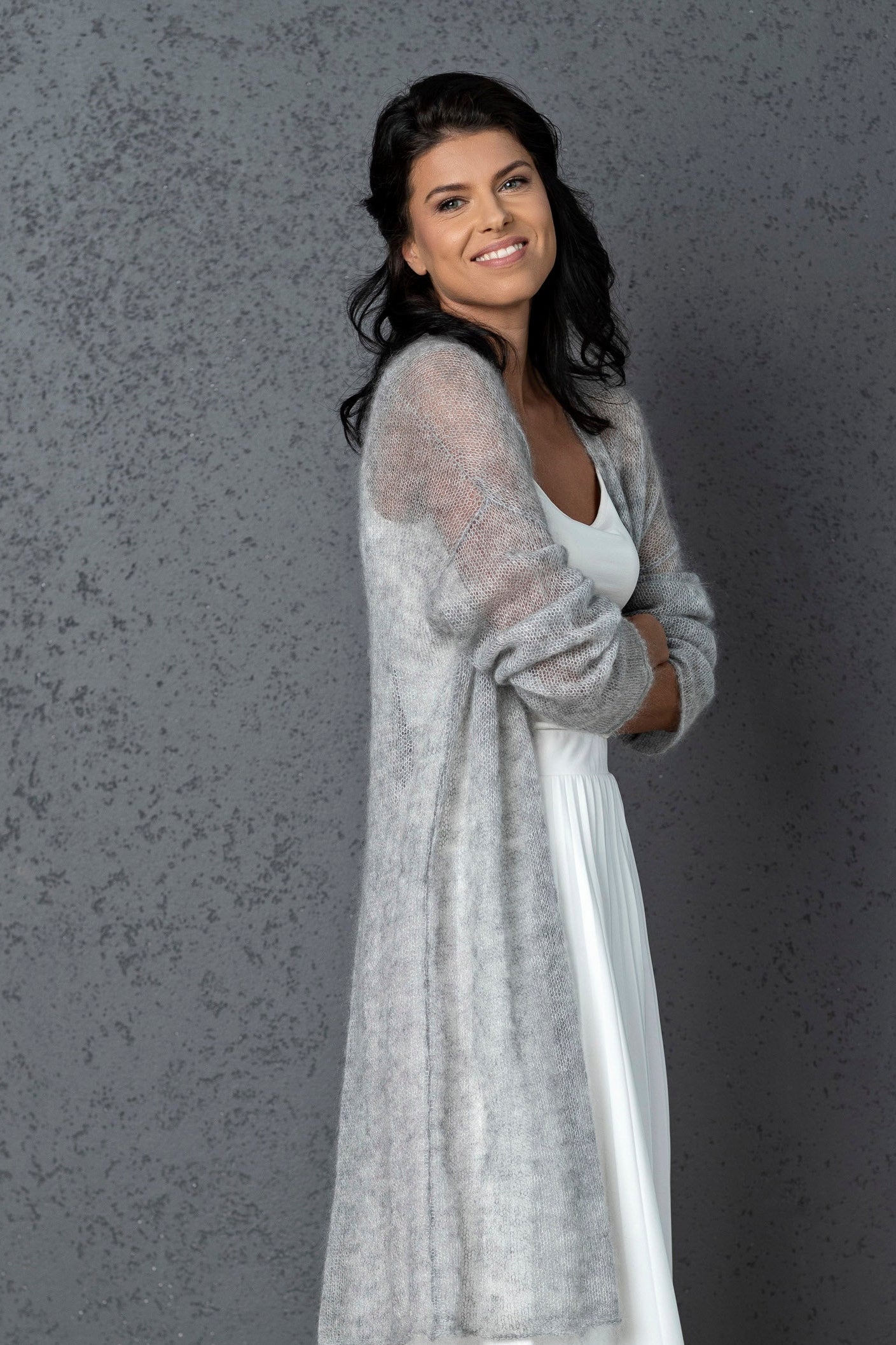 Knit lightweight mohair long cardigan Wind - light gray