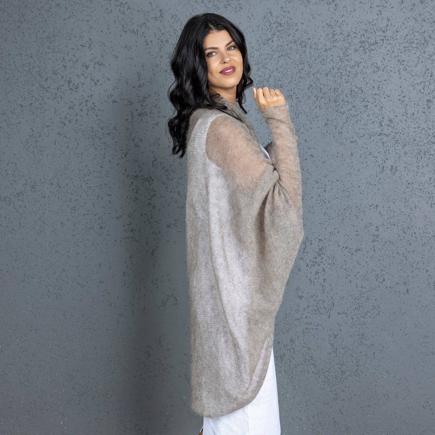 Knit lightweight mohair long cardigan wrap WRAPER - cocoa