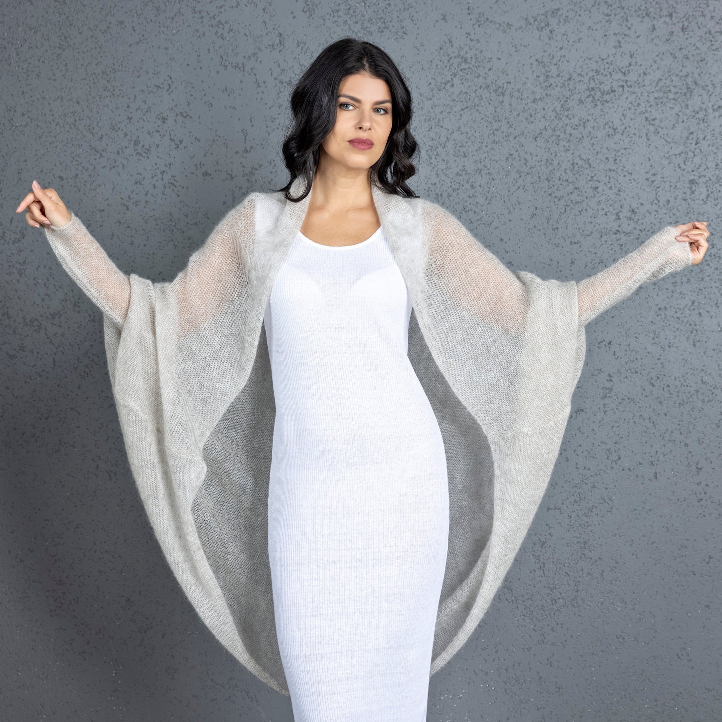 Knit lightweight mohair long cardigan wrap WRAPER - beige