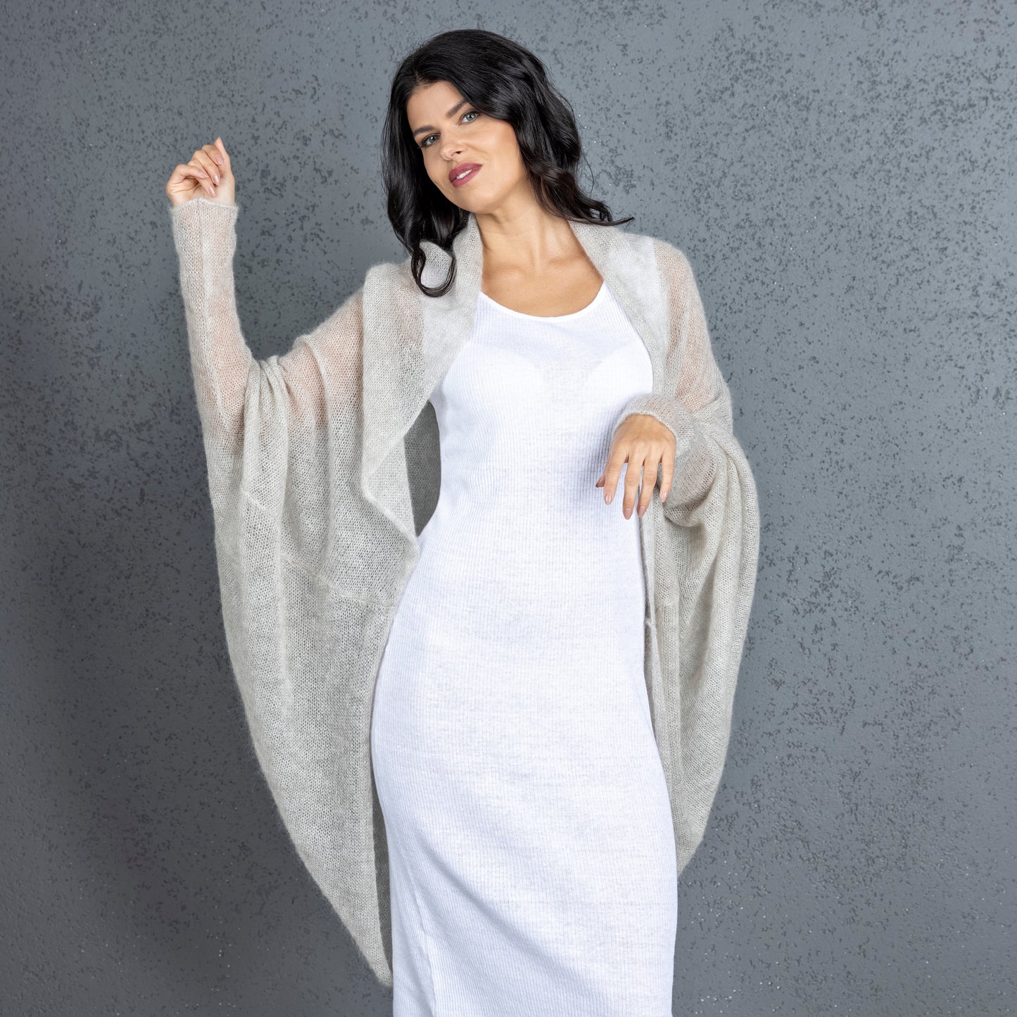 Knit lightweight mohair long cardigan wrap WRAPER - beige