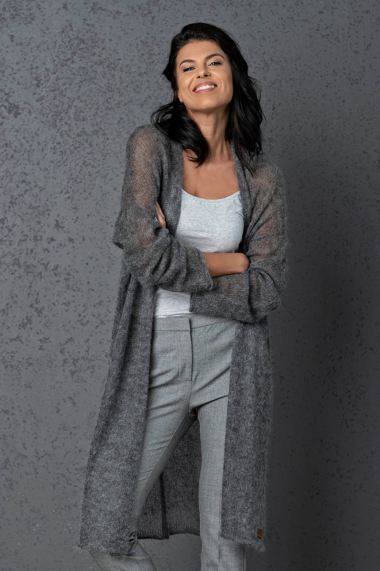 Knit lightweight mohair long cardigan Wind - darker gray