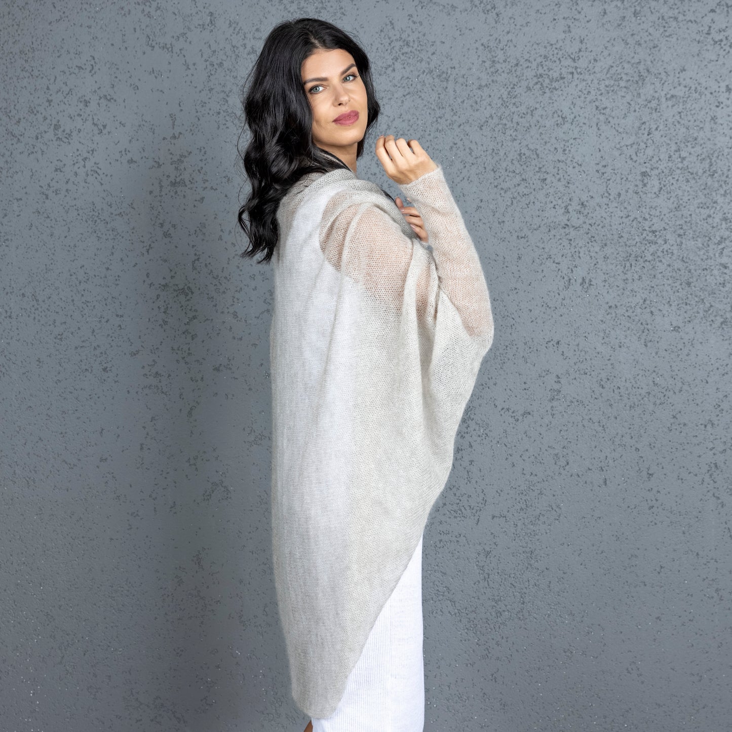 Knit lightweight mohair long cardigan wrap WRAPER - beige