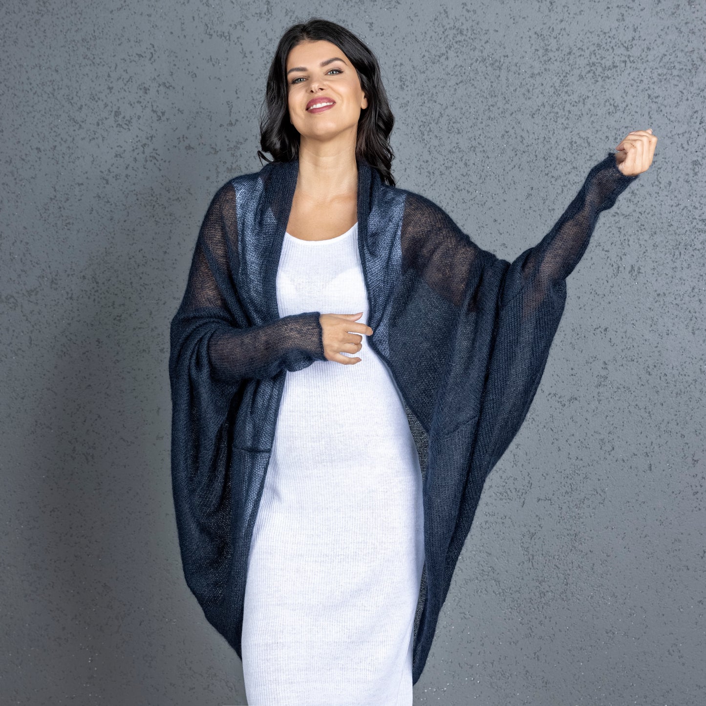 Knit lightweight mohair long cardigan wrap WRAPER - dark blue