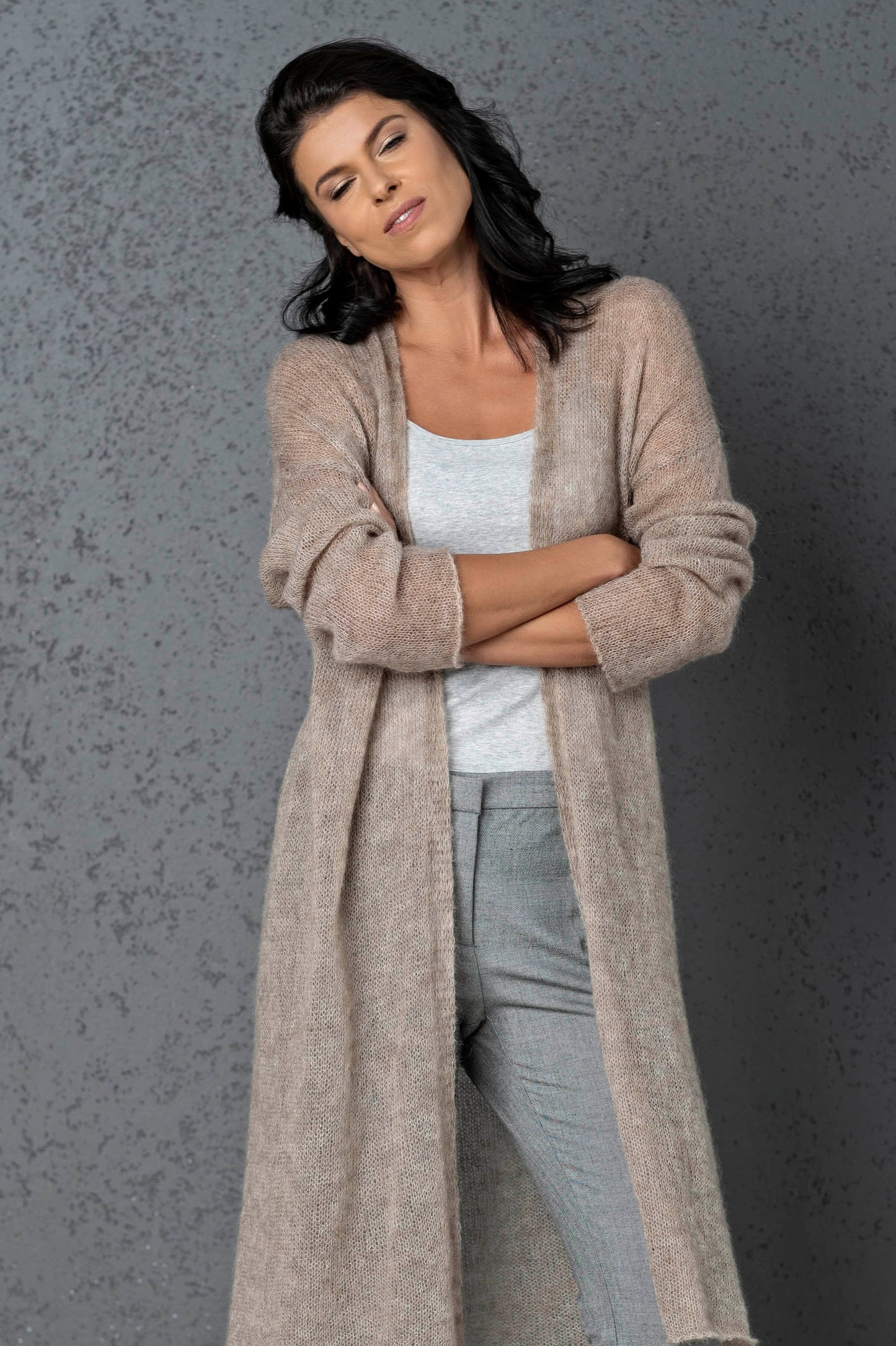 Knit lightweight mohair long cardigan Wind - cocoa