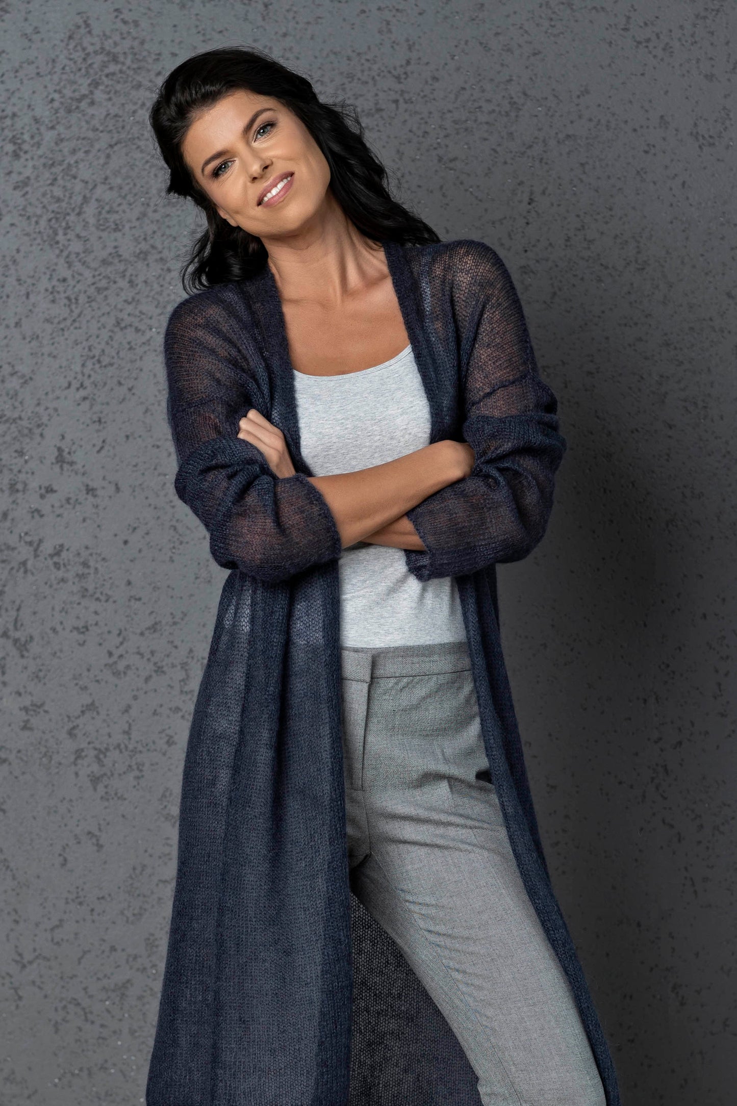 Knit lightweight mohair long cardigan Wind - blue with gray shade
