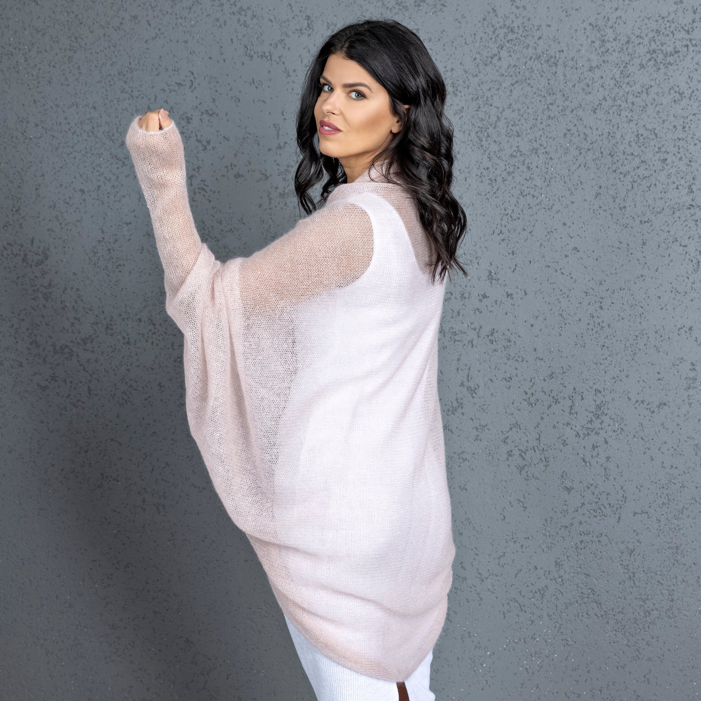 Knit lightweight mohair long cardigan wrap WRAPER - dusty rose