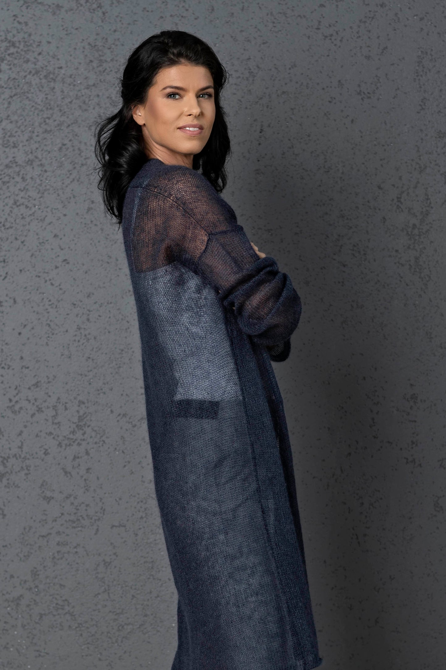 Knit lightweight mohair long cardigan Wind - blue with gray shade