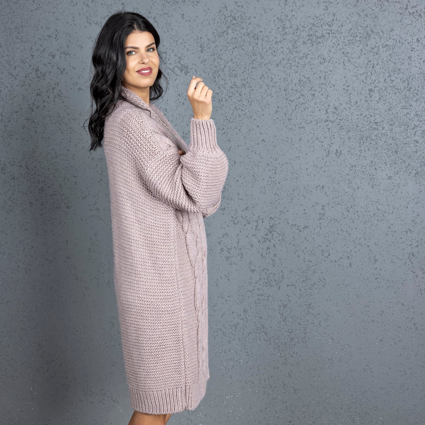 Chunky knit alpaca wool cardigan CATHERINE - dusty rose