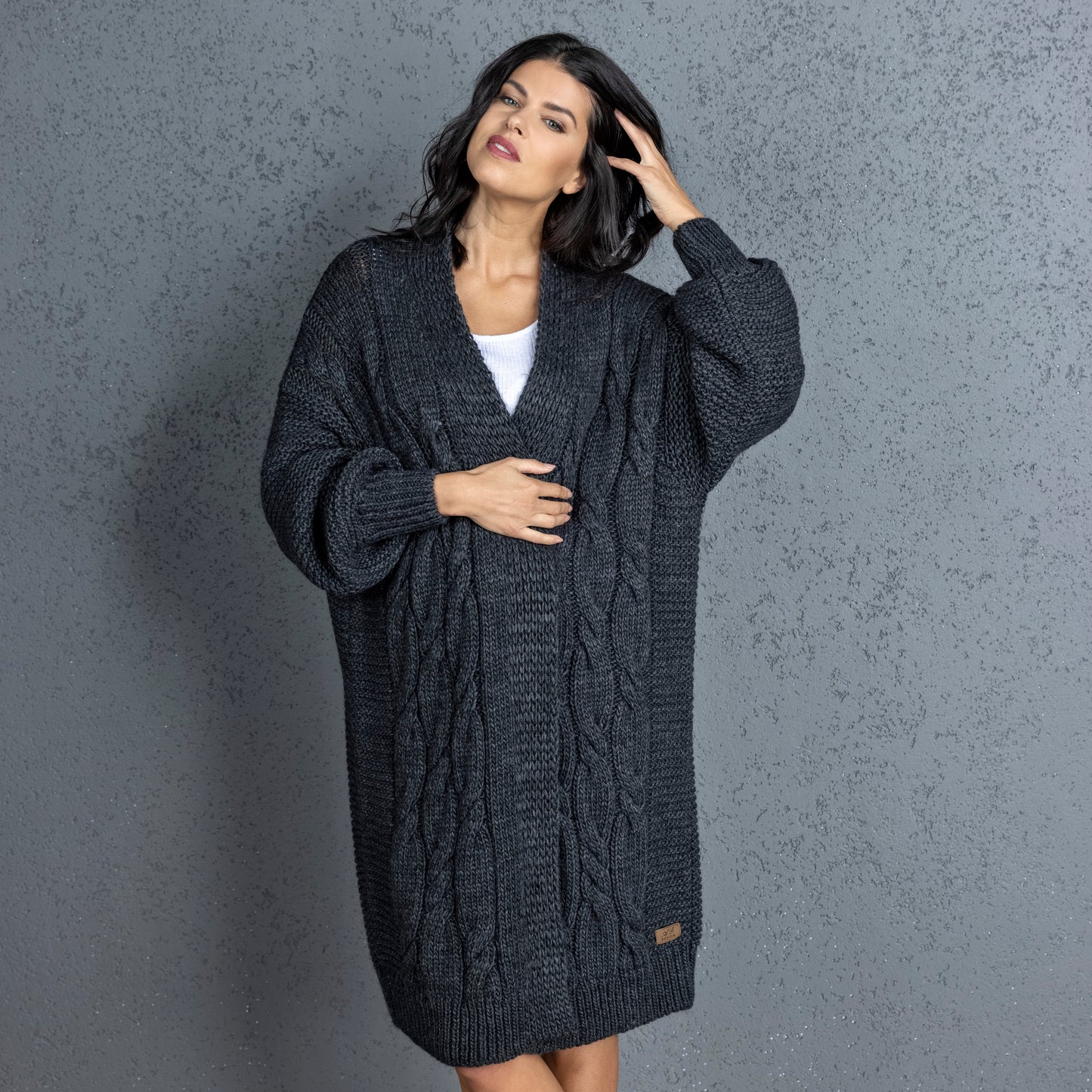 Chunky knit alpaca wool cardigan CATHERINE - dark gray