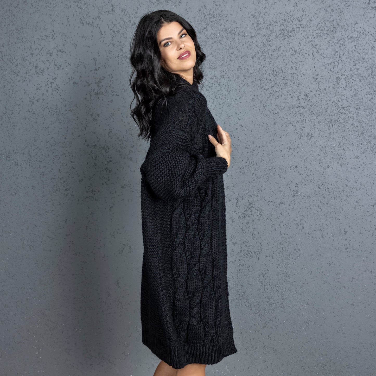 Chunky knit alpaca wool cardigan CATHERINE - black