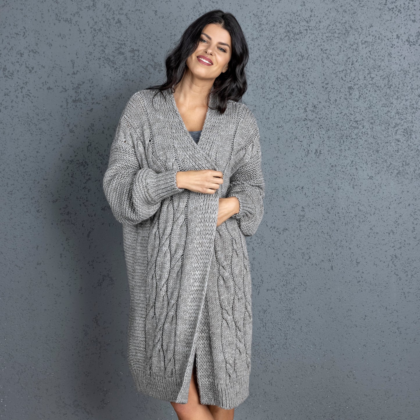 Chunky knit alpaca wool cardigan CATHERINE - cocoa