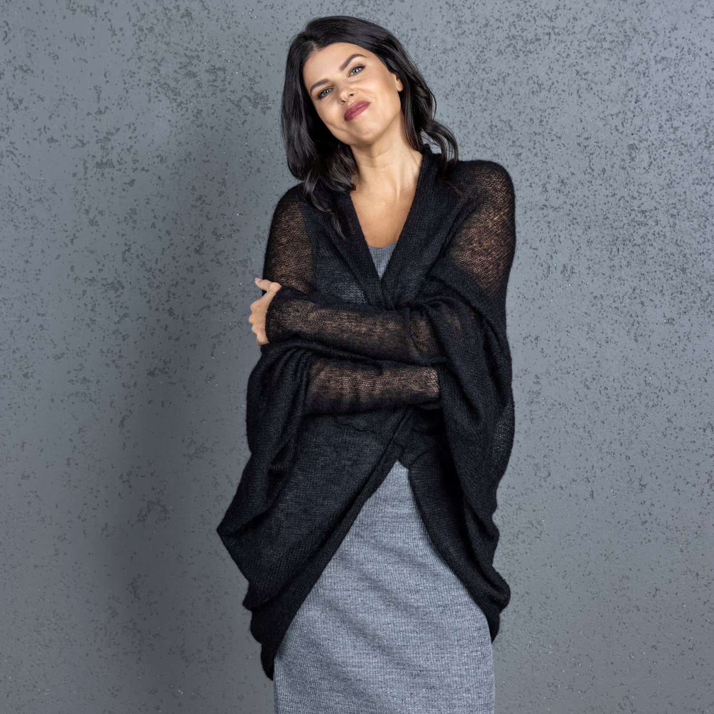 Knit lightweight mohair long cardigan wrap WRAPER - black
