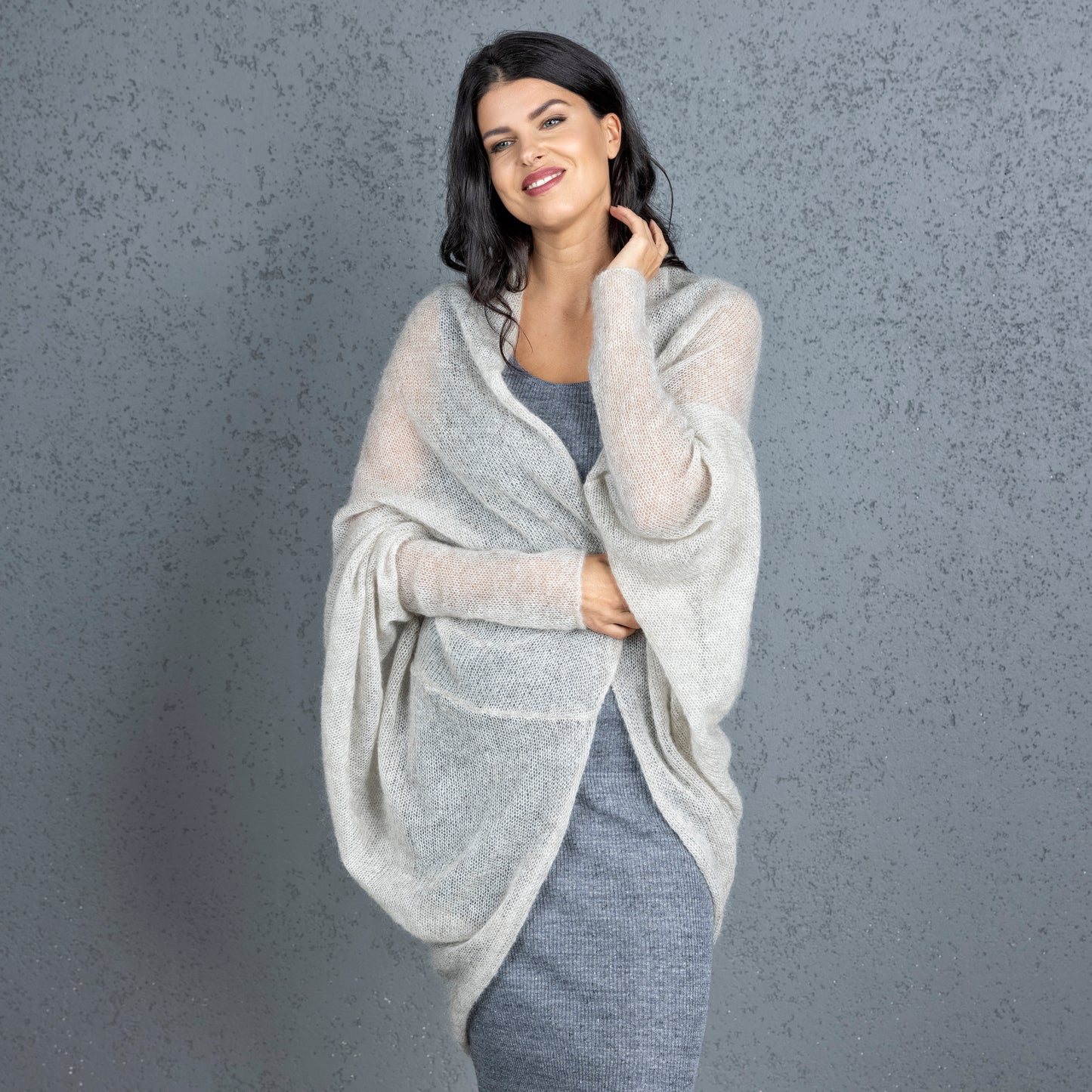 Knit lightweight mohair long cardigan wrap WRAPER - beige
