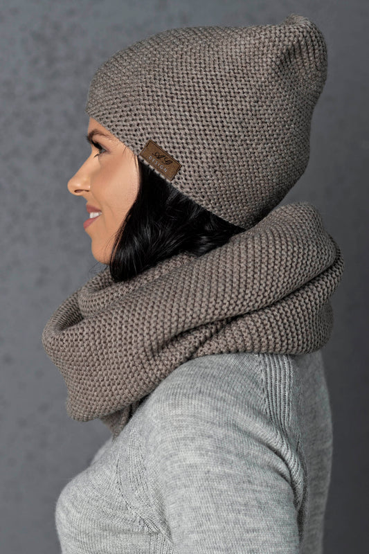 Knit minimalist soft 100% merino wool infinity Scarf and hat - cocoa
