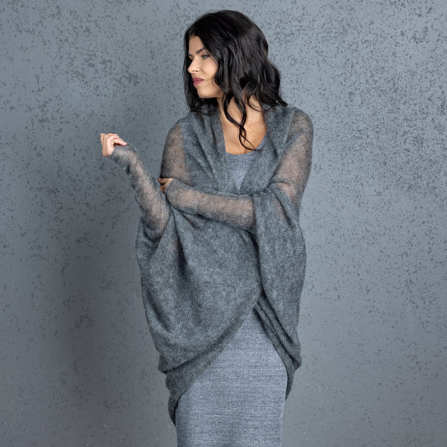 Knit lightweight mohair long cardigan wrap WRAPER - gray